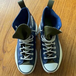 Converse Women's Soft Leather High-Top Sneakers - Blue w/ Olive Accents 9.5
